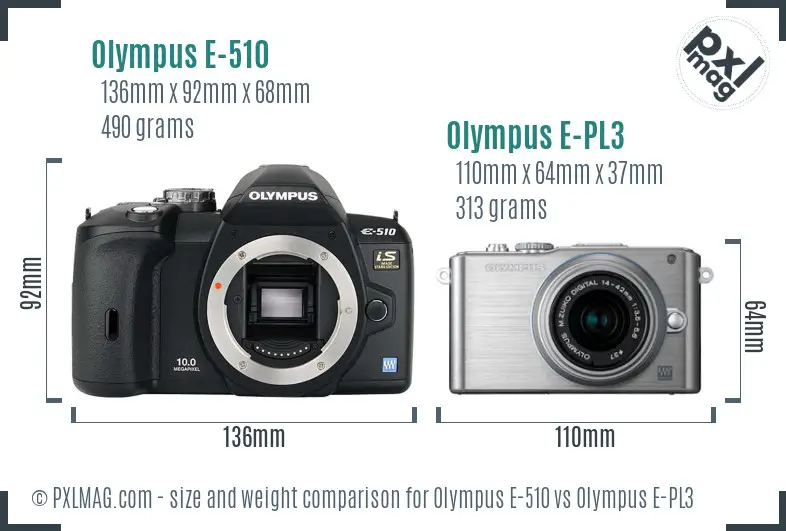 Olympus E-510 vs Olympus E-PL3 size comparison