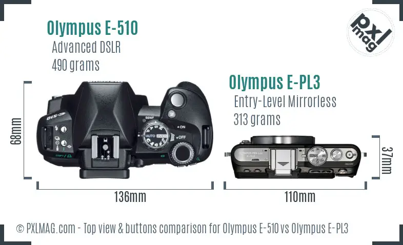 Olympus E-510 vs Olympus E-PL3 top view buttons comparison
