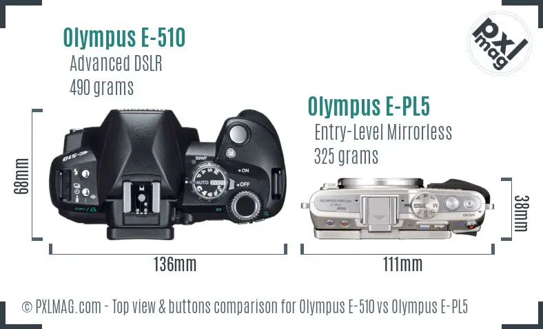 Olympus E-510 vs Olympus E-PL5 top view buttons comparison