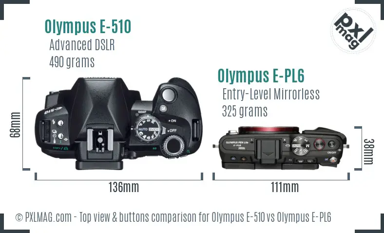 Olympus E-510 vs Olympus E-PL6 top view buttons comparison