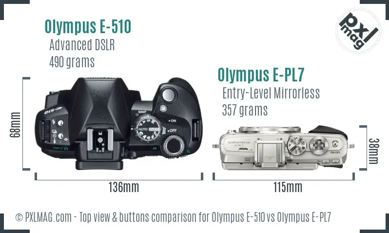 Olympus E-510 vs Olympus E-PL7 top view buttons comparison