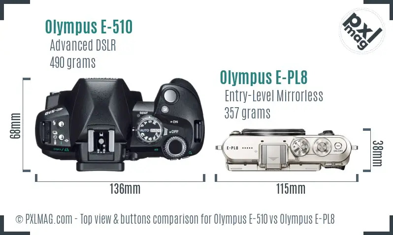Olympus E-510 vs Olympus E-PL8 top view buttons comparison