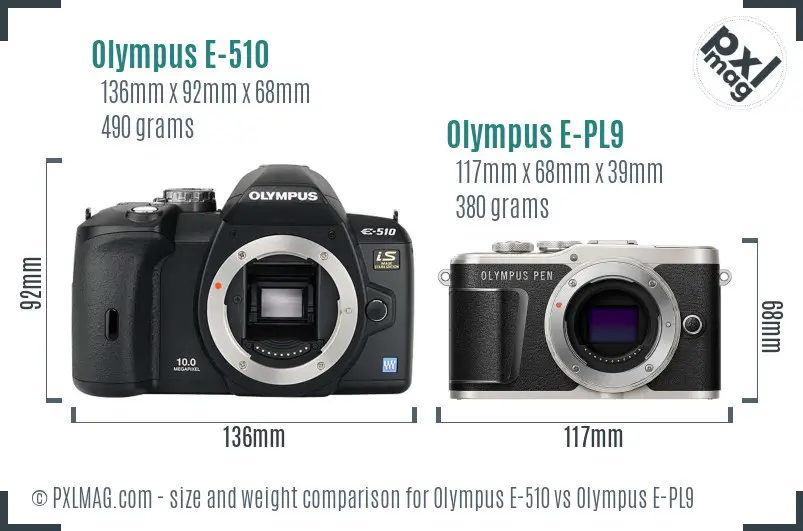 Olympus E-510 vs Olympus E-PL9 size comparison