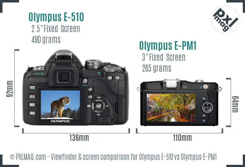 Olympus E-510 vs Olympus E-PM1 Screen and Viewfinder comparison