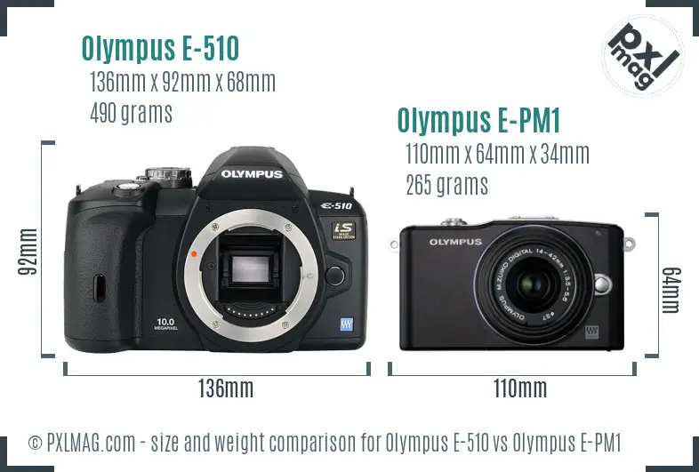 Olympus E-510 vs Olympus E-PM1 size comparison