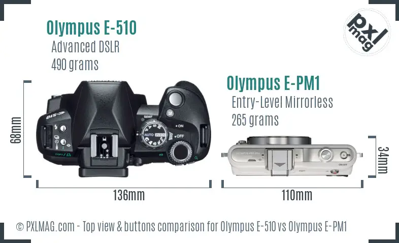 Olympus E-510 vs Olympus E-PM1 top view buttons comparison