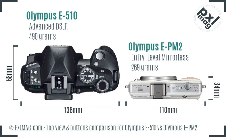 Olympus E-510 vs Olympus E-PM2 top view buttons comparison