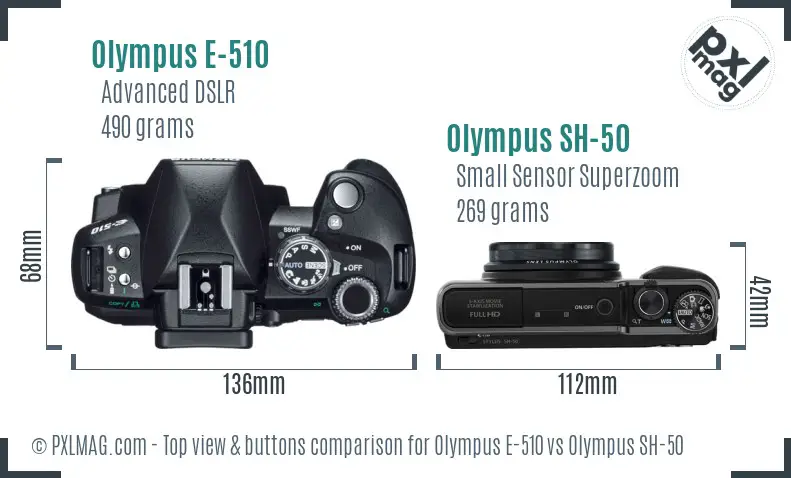 Olympus E-510 vs Olympus SH-50 top view buttons comparison