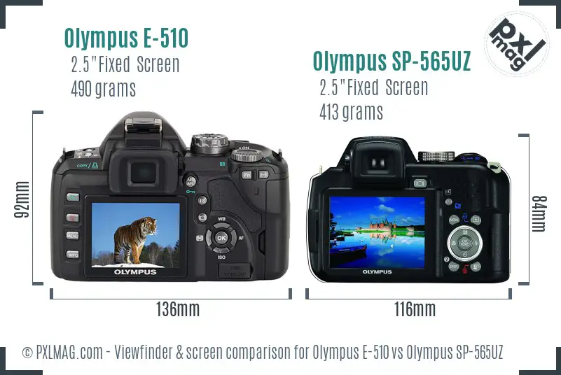 Olympus E-510 vs Olympus SP-565UZ Screen and Viewfinder comparison