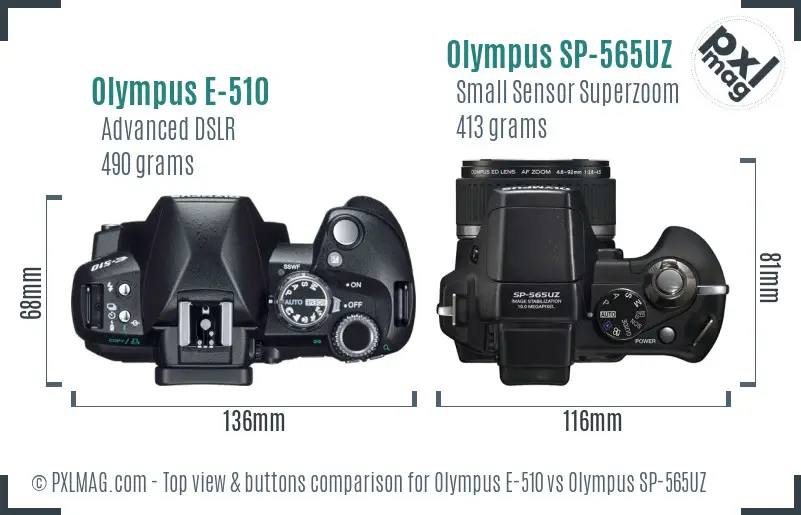 Olympus E-510 vs Olympus SP-565UZ top view buttons comparison