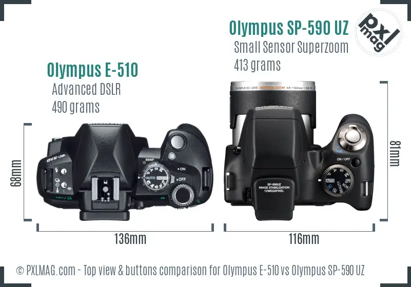 Olympus E-510 vs Olympus SP-590 UZ top view buttons comparison