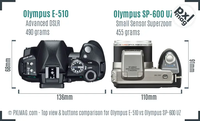Olympus E-510 vs Olympus SP-600 UZ top view buttons comparison