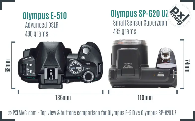 Olympus E-510 vs Olympus SP-620 UZ top view buttons comparison