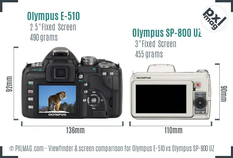Olympus E-510 vs Olympus SP-800 UZ Screen and Viewfinder comparison
