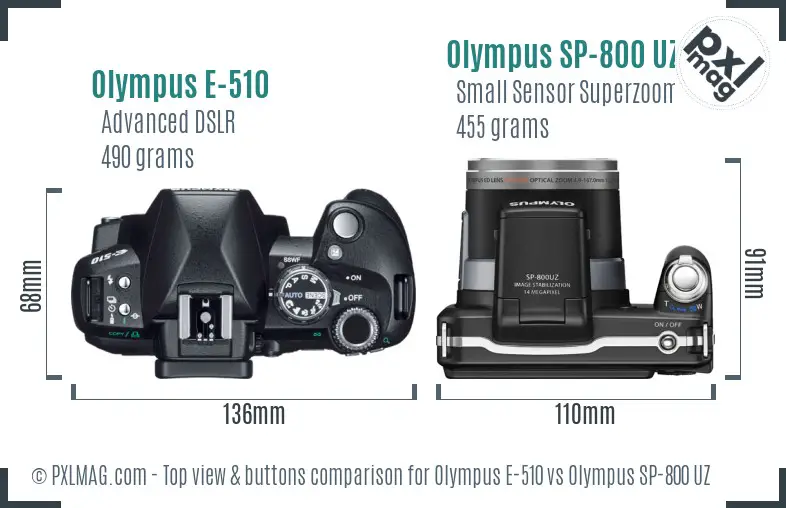 Olympus E-510 vs Olympus SP-800 UZ top view buttons comparison