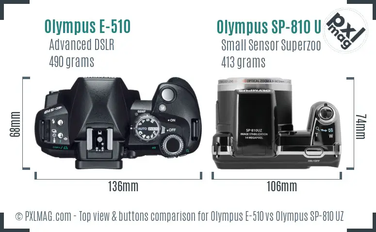Olympus E-510 vs Olympus SP-810 UZ top view buttons comparison