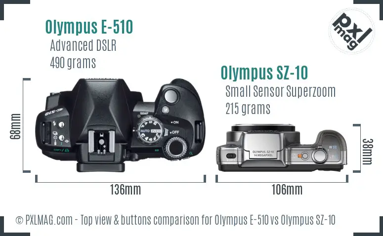 Olympus E-510 vs Olympus SZ-10 top view buttons comparison