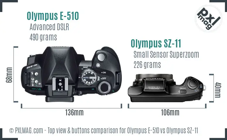 Olympus E-510 vs Olympus SZ-11 top view buttons comparison