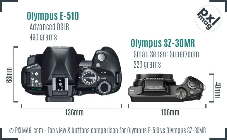 Olympus E-510 vs Olympus SZ-30MR top view buttons comparison