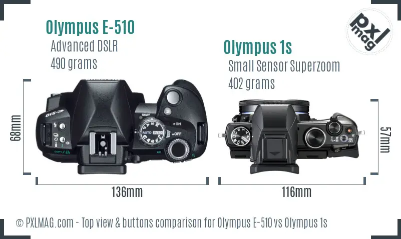Olympus E-510 vs Olympus 1s top view buttons comparison
