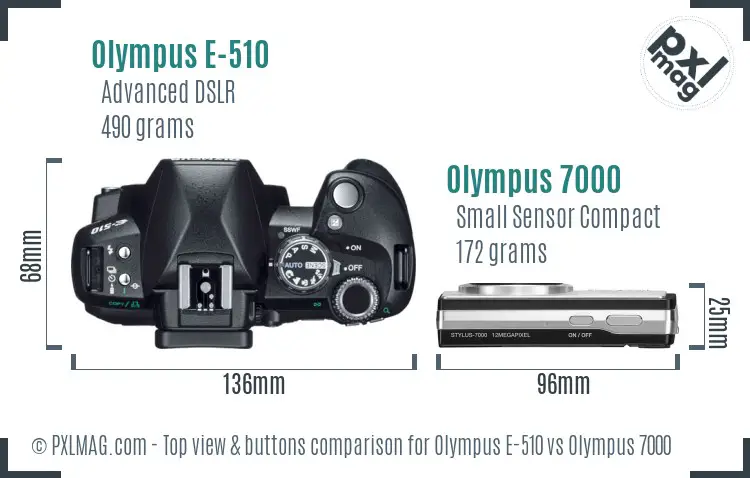 Olympus E-510 vs Olympus 7000 top view buttons comparison
