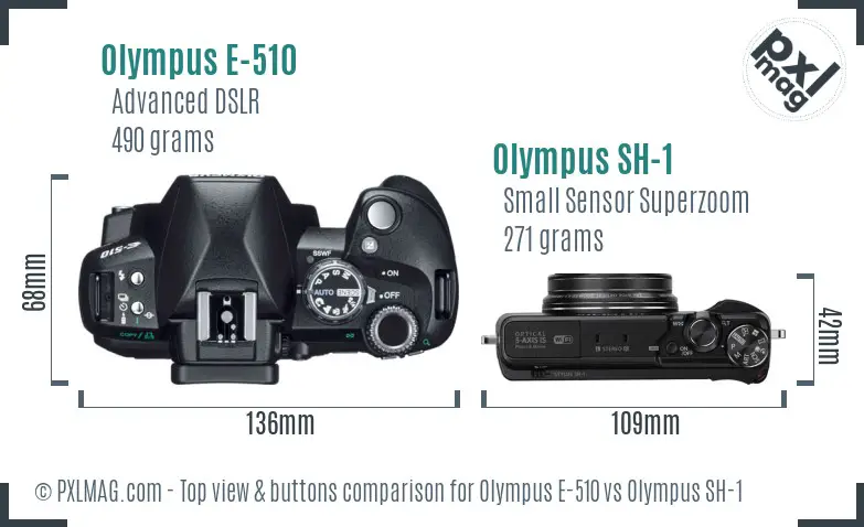 Olympus E-510 vs Olympus SH-1 top view buttons comparison