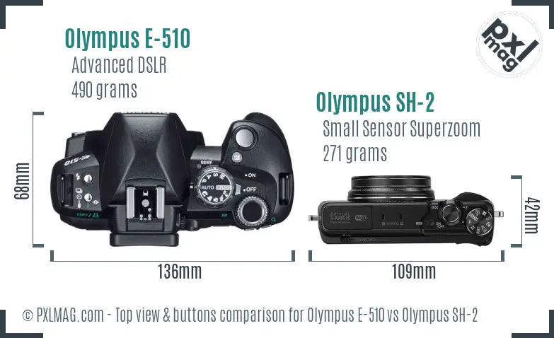 Olympus E-510 vs Olympus SH-2 top view buttons comparison
