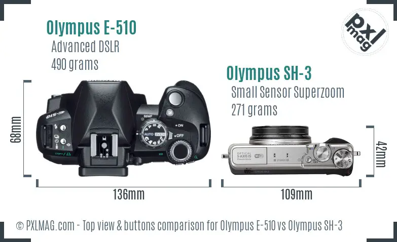 Olympus E-510 vs Olympus SH-3 top view buttons comparison