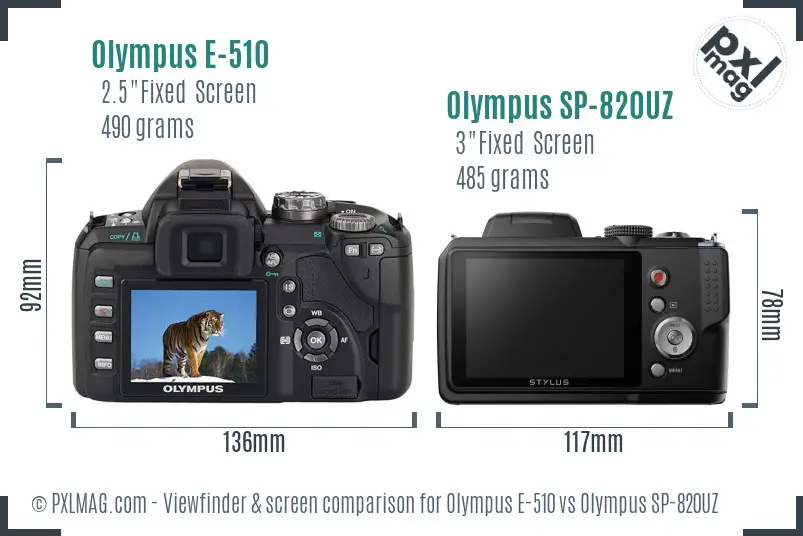 Olympus E-510 vs Olympus SP-820UZ Screen and Viewfinder comparison