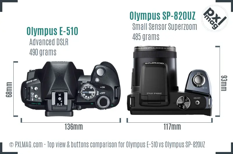 Olympus E-510 vs Olympus SP-820UZ top view buttons comparison