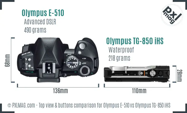 Olympus E-510 vs Olympus TG-850 iHS top view buttons comparison