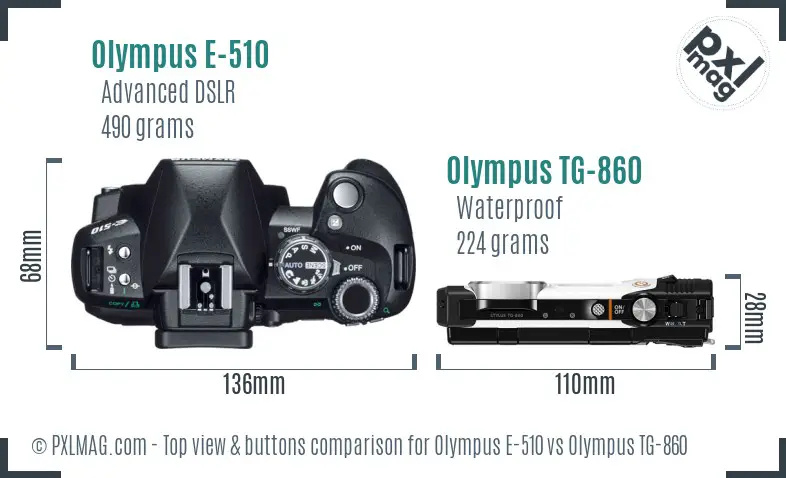 Olympus E-510 vs Olympus TG-860 top view buttons comparison
