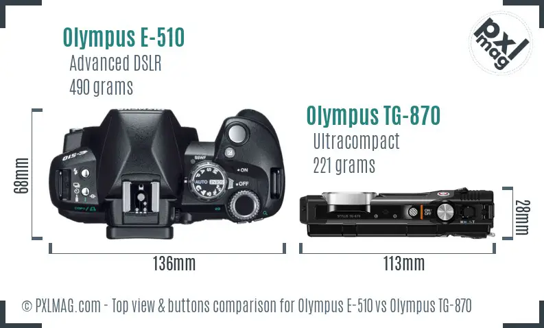 Olympus E-510 vs Olympus TG-870 top view buttons comparison