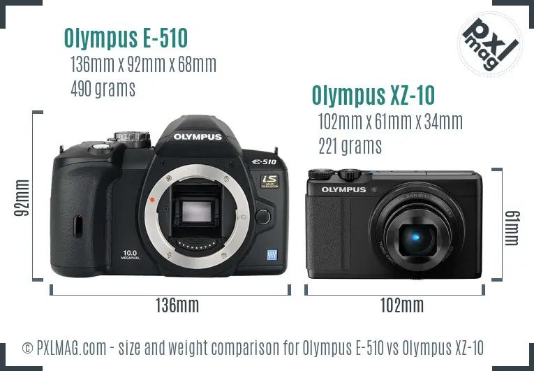Olympus E-510 vs Olympus XZ-10 size comparison