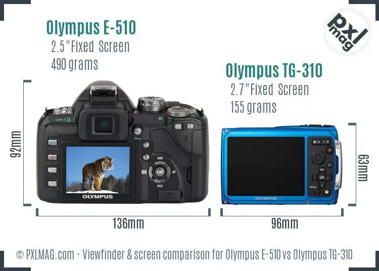 Olympus E-510 vs Olympus TG-310 Screen and Viewfinder comparison
