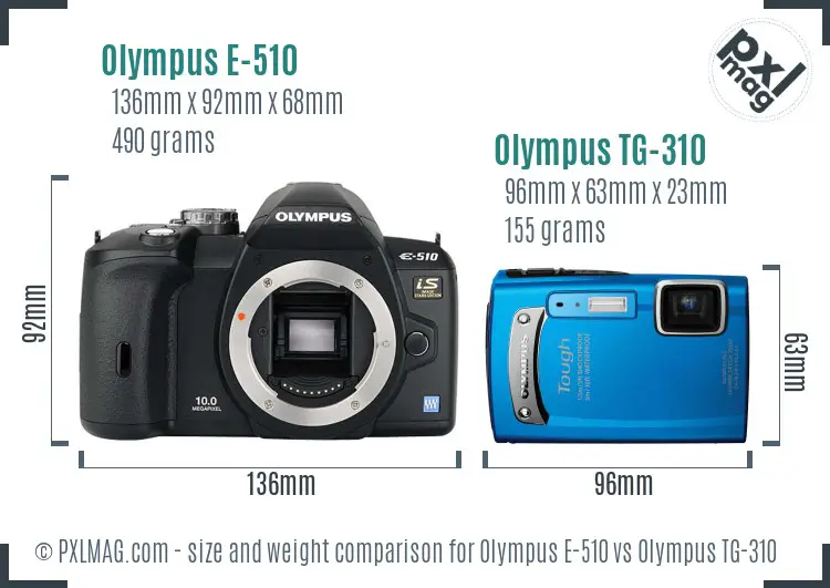 Olympus E-510 vs Olympus TG-310 size comparison