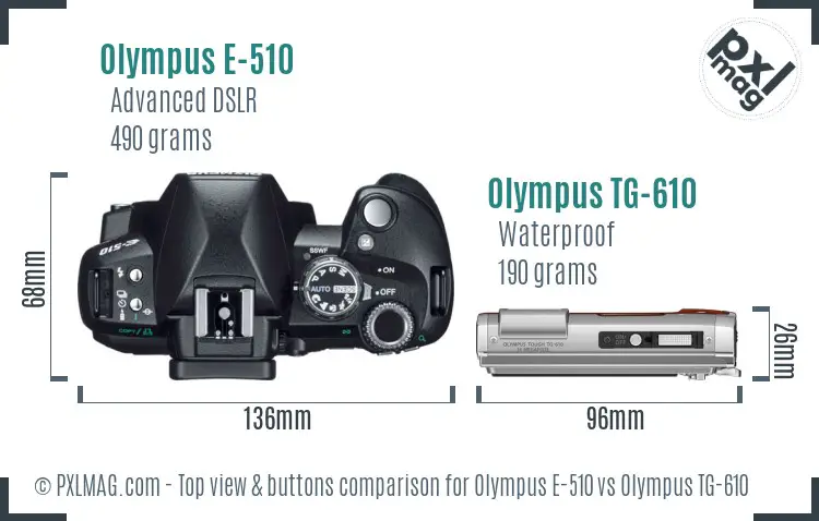 Olympus E-510 vs Olympus TG-610 top view buttons comparison