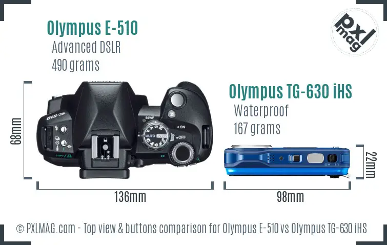 Olympus E-510 vs Olympus TG-630 iHS top view buttons comparison