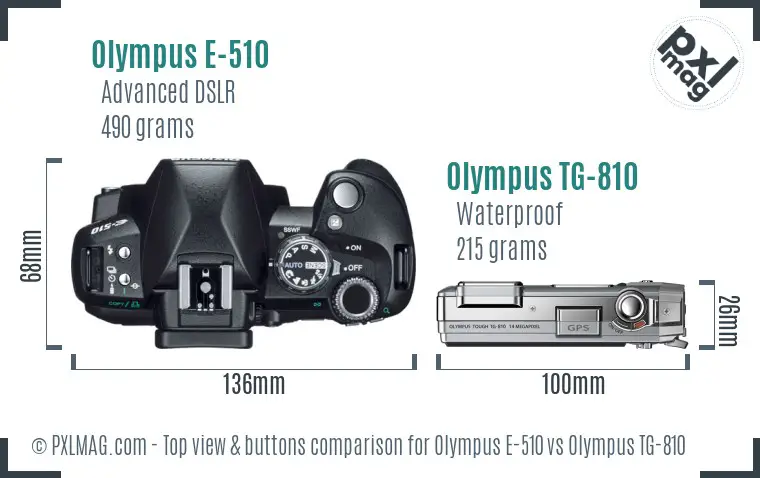 Olympus E-510 vs Olympus TG-810 top view buttons comparison