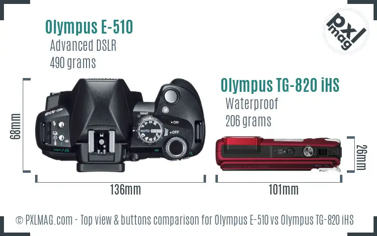 Olympus E-510 vs Olympus TG-820 iHS top view buttons comparison