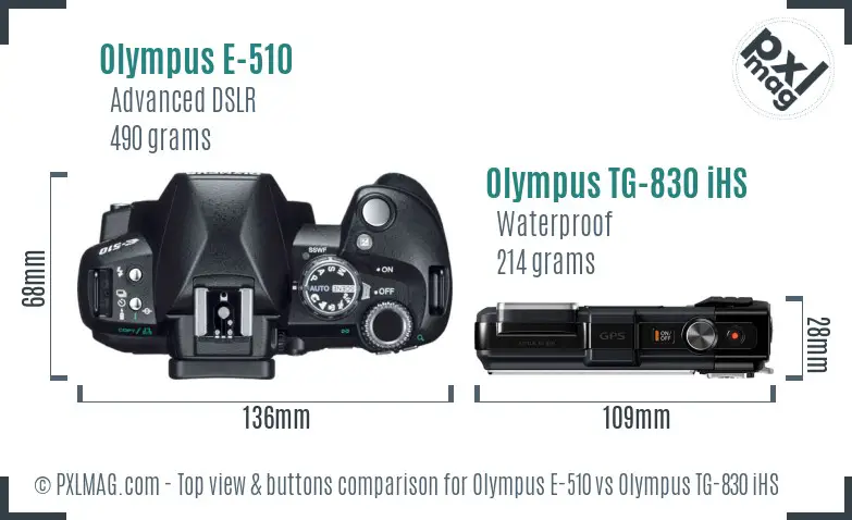Olympus E-510 vs Olympus TG-830 iHS top view buttons comparison