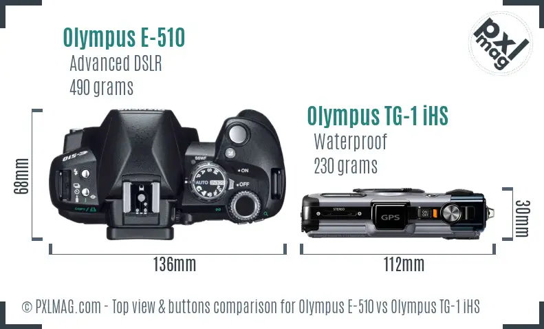 Olympus E-510 vs Olympus TG-1 iHS top view buttons comparison