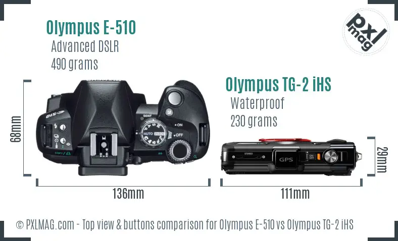 Olympus E-510 vs Olympus TG-2 iHS top view buttons comparison