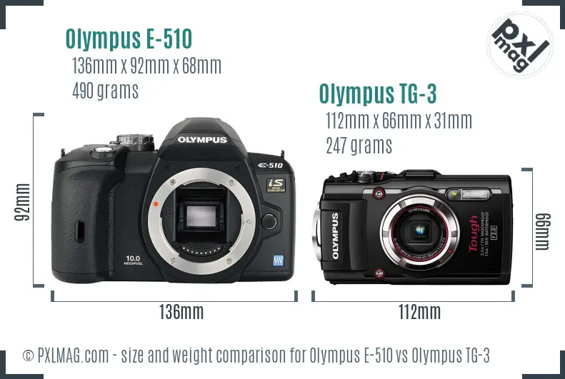 Olympus E-510 vs Olympus TG-3 size comparison