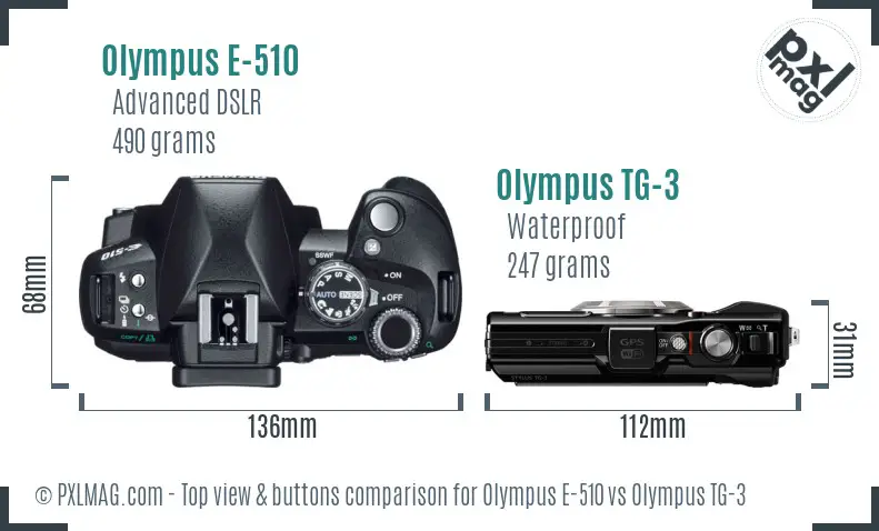 Olympus E-510 vs Olympus TG-3 top view buttons comparison