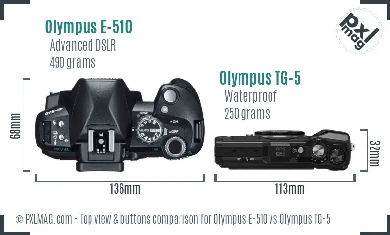Olympus E-510 vs Olympus TG-5 top view buttons comparison