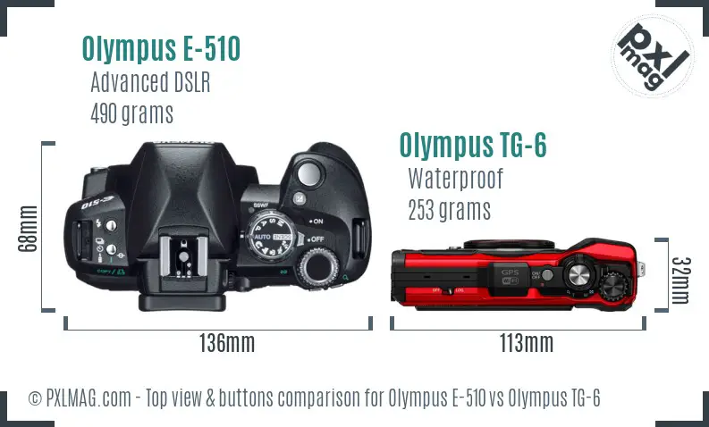 Olympus E-510 vs Olympus TG-6 top view buttons comparison