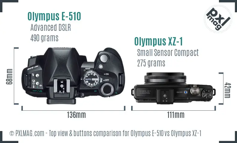 Olympus E-510 vs Olympus XZ-1 top view buttons comparison