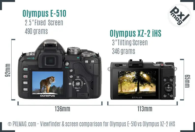 Olympus E-510 vs Olympus XZ-2 iHS Screen and Viewfinder comparison
