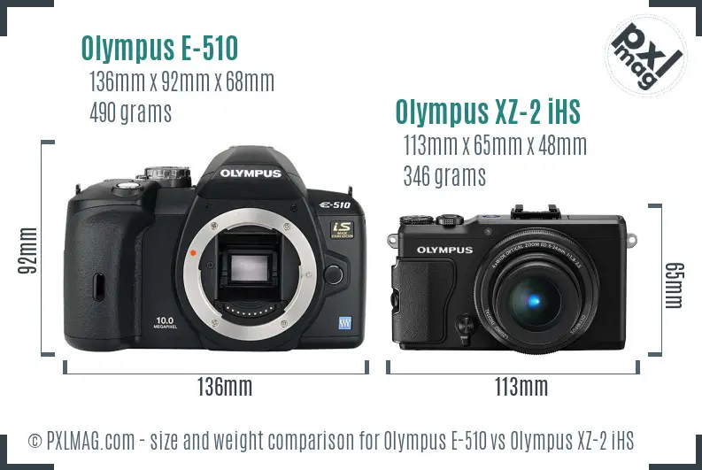 Olympus E-510 vs Olympus XZ-2 iHS size comparison